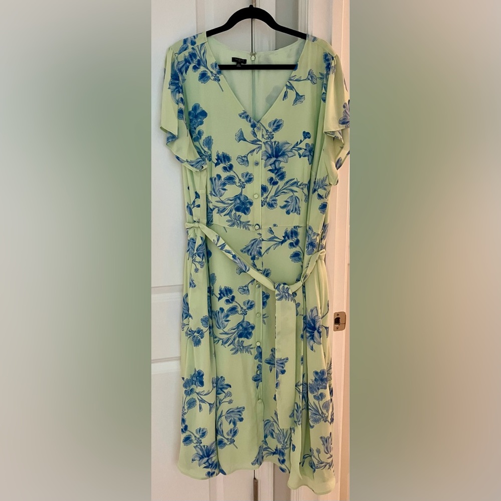Talbots 22w floral print dress with pockets in a light green and blue colorway.